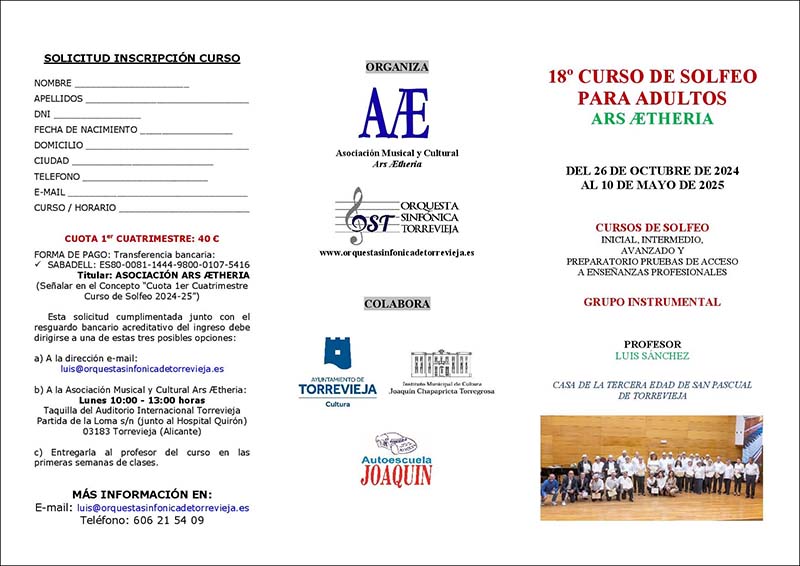 El próximo sábado 26 de octubre arrancará el 18º curso de solfeo para adultos Ars Ætheria