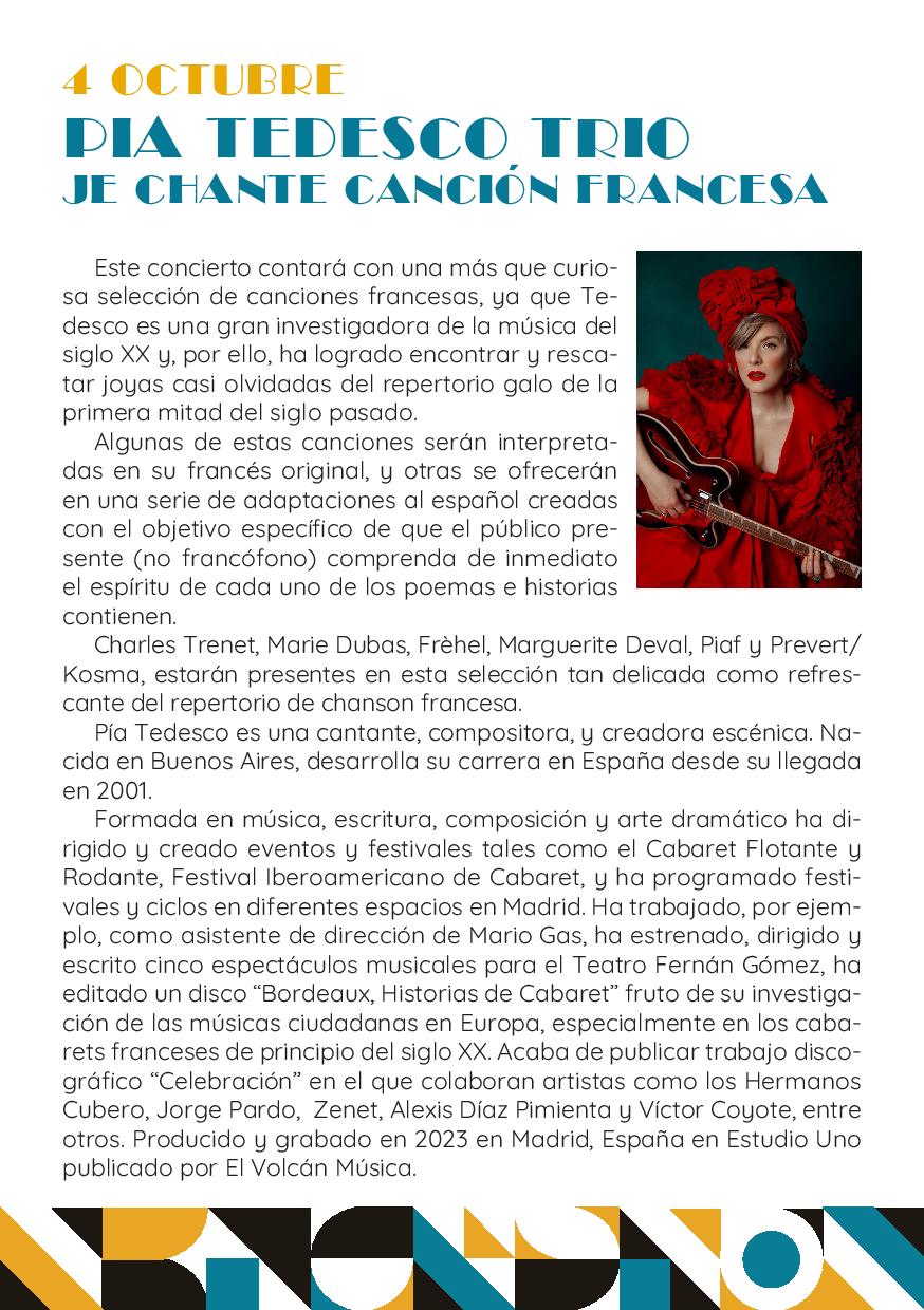 El 4 de octubre comienza una nueva edición de “Los Viernes del Palacio” con la actuación de pia tedesco trio- je chante