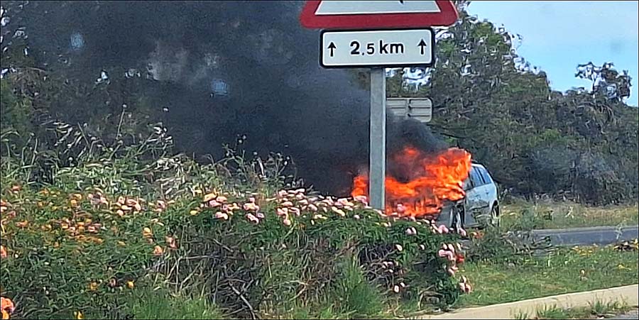 Un vehículo arde por completo en la CV-95 y provoca un conato de incendio de matorral